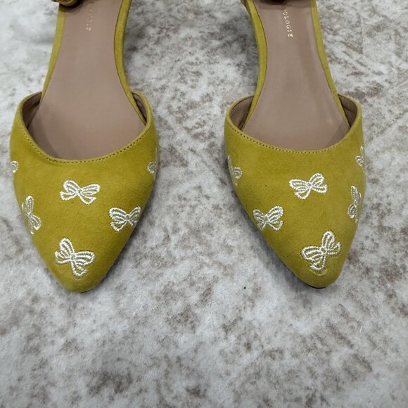 Anthropologie Shoes Womens Size 8 Yellow Ankle Strap Heels Bow Embroidered - Picture 2 of 12